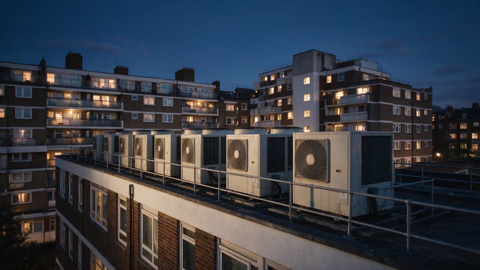 Air conditioning condenser units on a residential rooftop at dusk