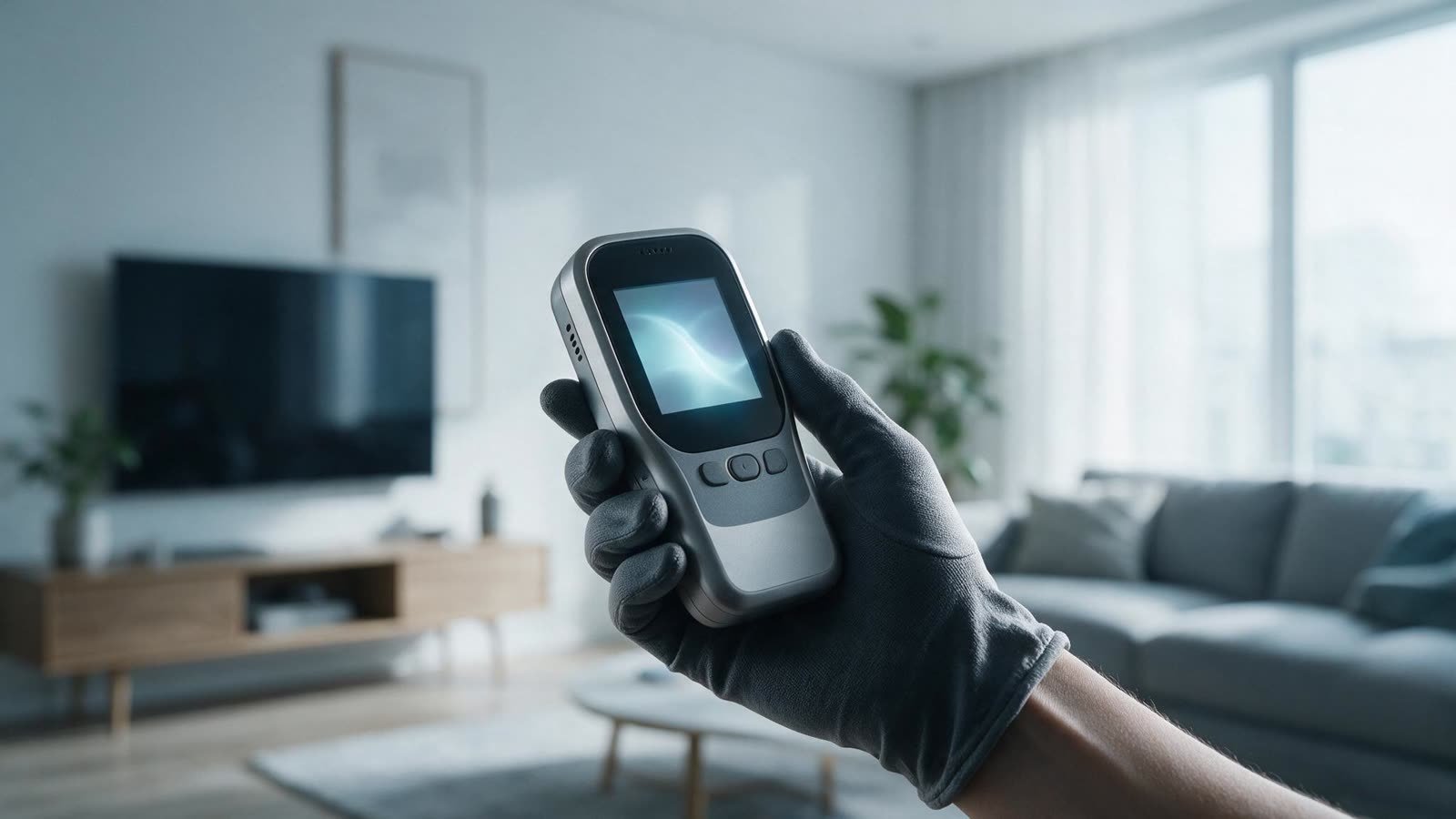 A gloved hand holding a handheld air quality meter in a bright living room