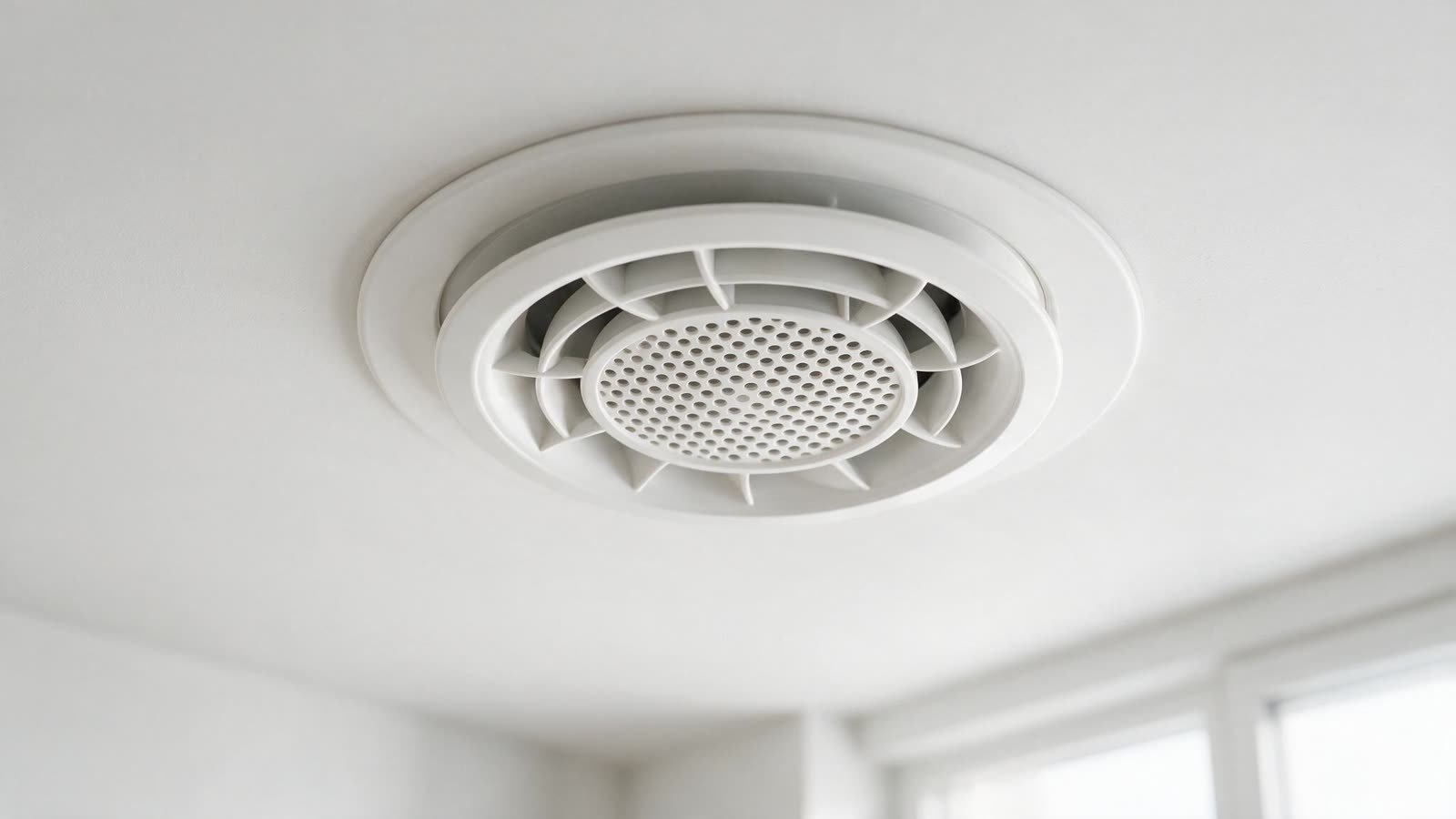 A white ceiling supply valve fitted flush in a new-build apartment ceiling