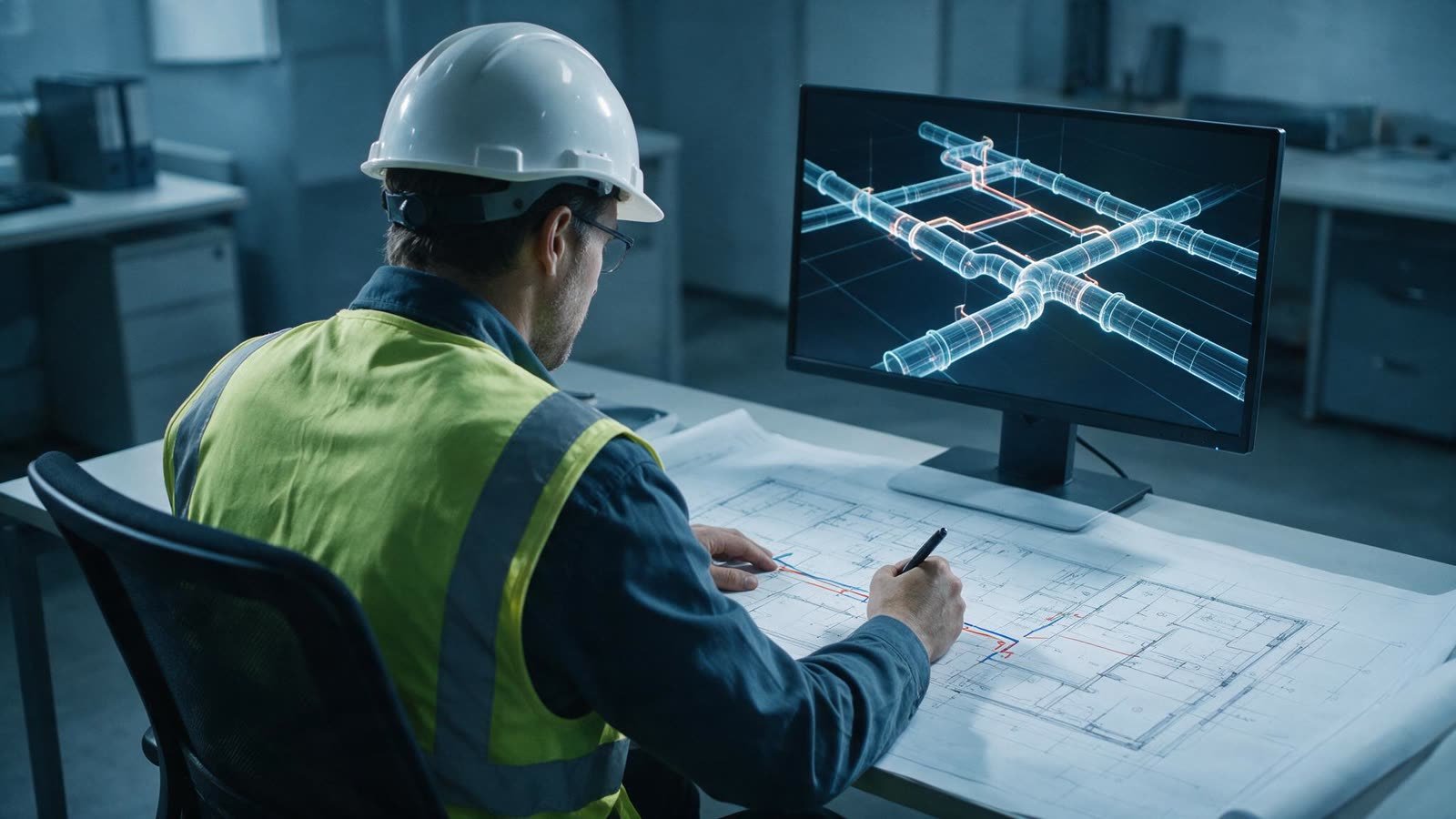 An engineer marking a duct route on a floor plan beside a 3D duct model