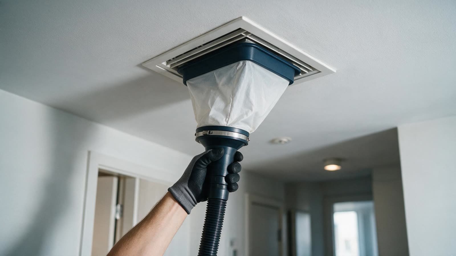 An airflow measuring hood held against a ceiling extract vent