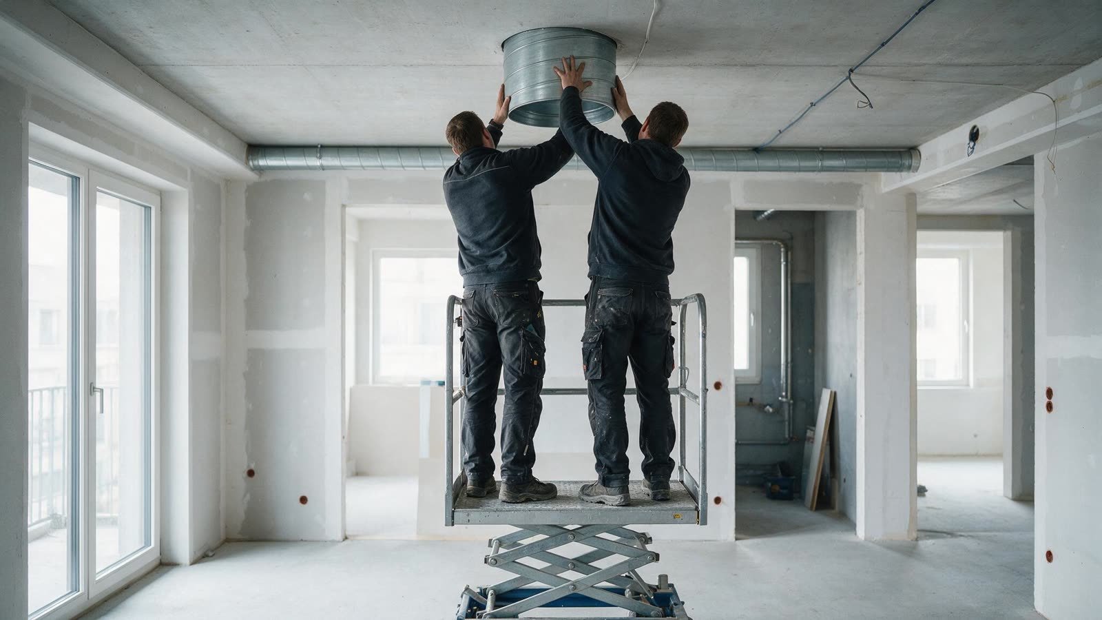 Technicians on a lift raising a spiral duct section in an unfinished apartment floor