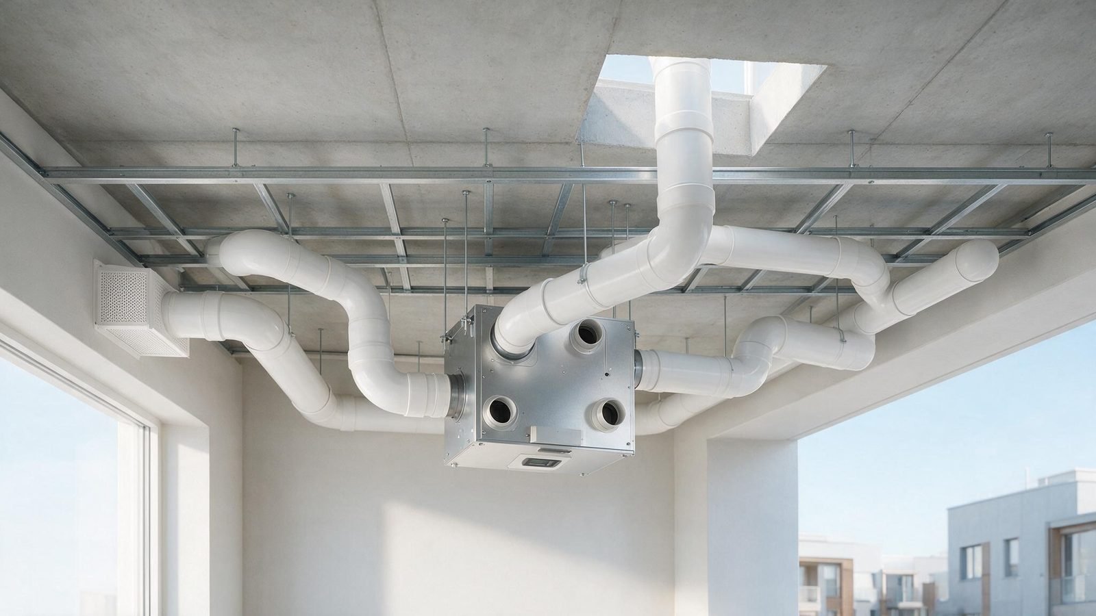 A compact MVHR unit with white ducts in a new-build apartment ceiling