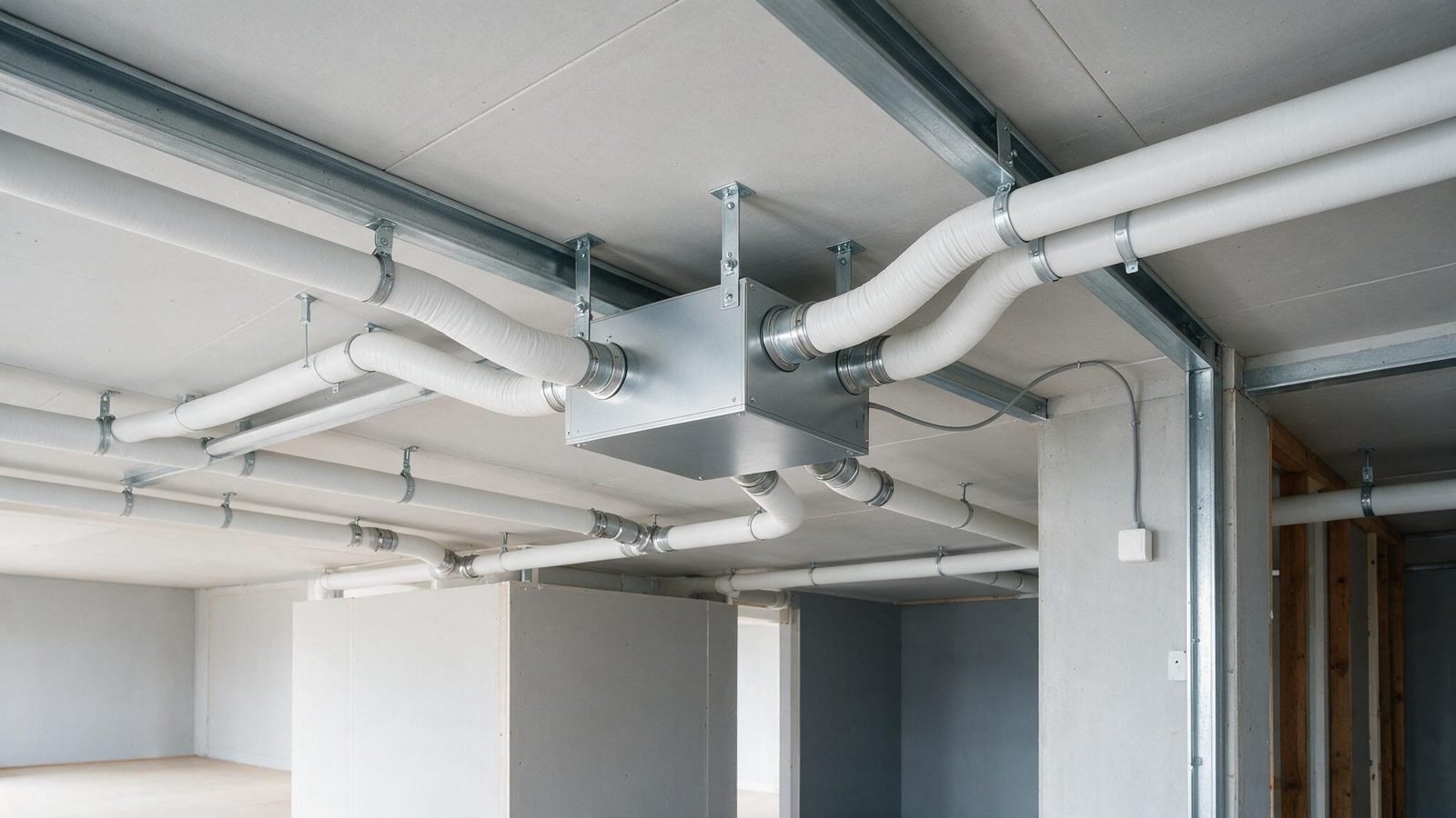 An MVHR unit and insulated ducts installed in a ceiling void