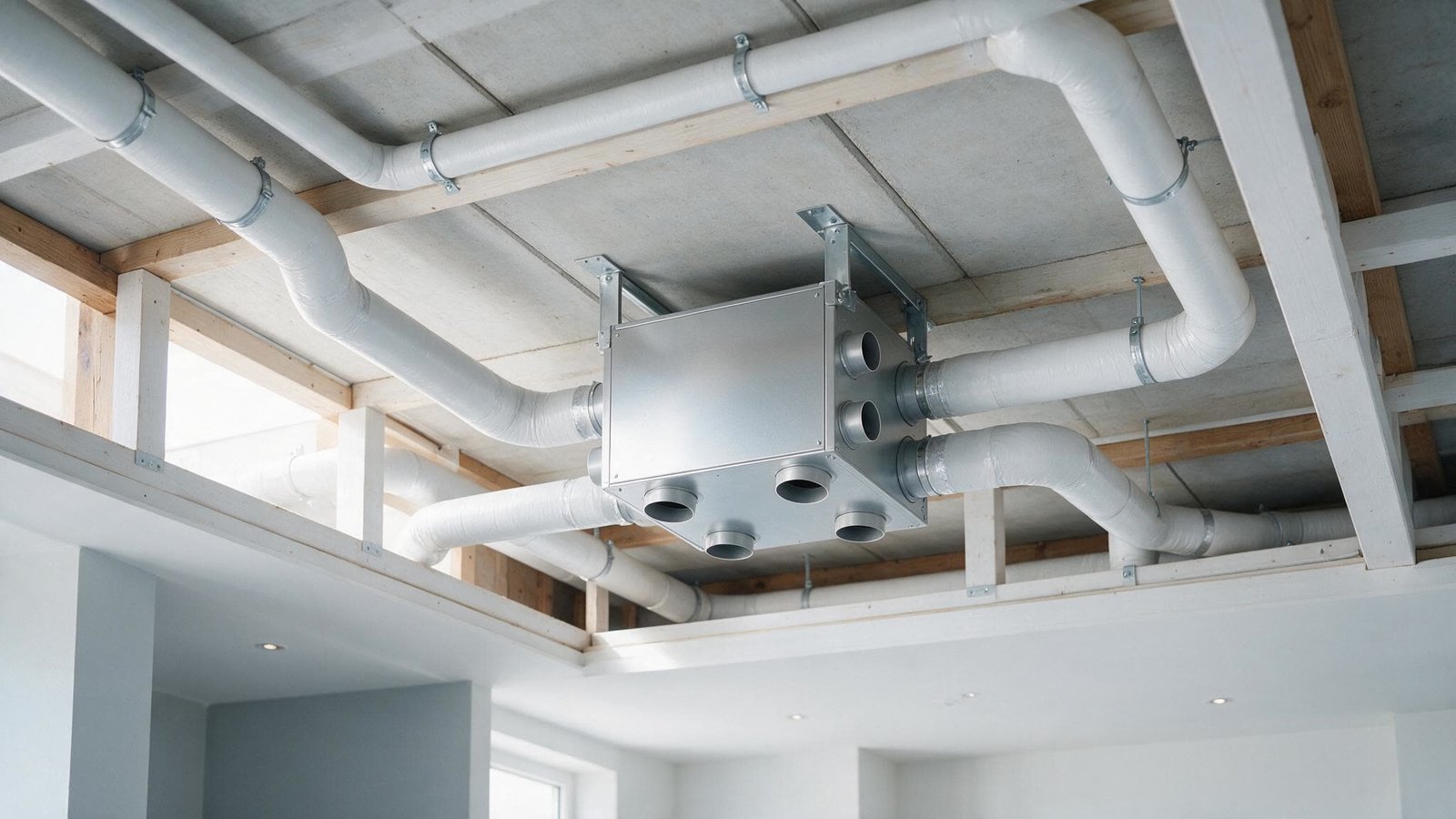 An MVHR unit and insulated ducts installed in a ceiling void awaiting service