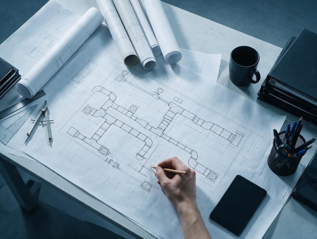 A ventilation duct layout being drawn by hand on a desk