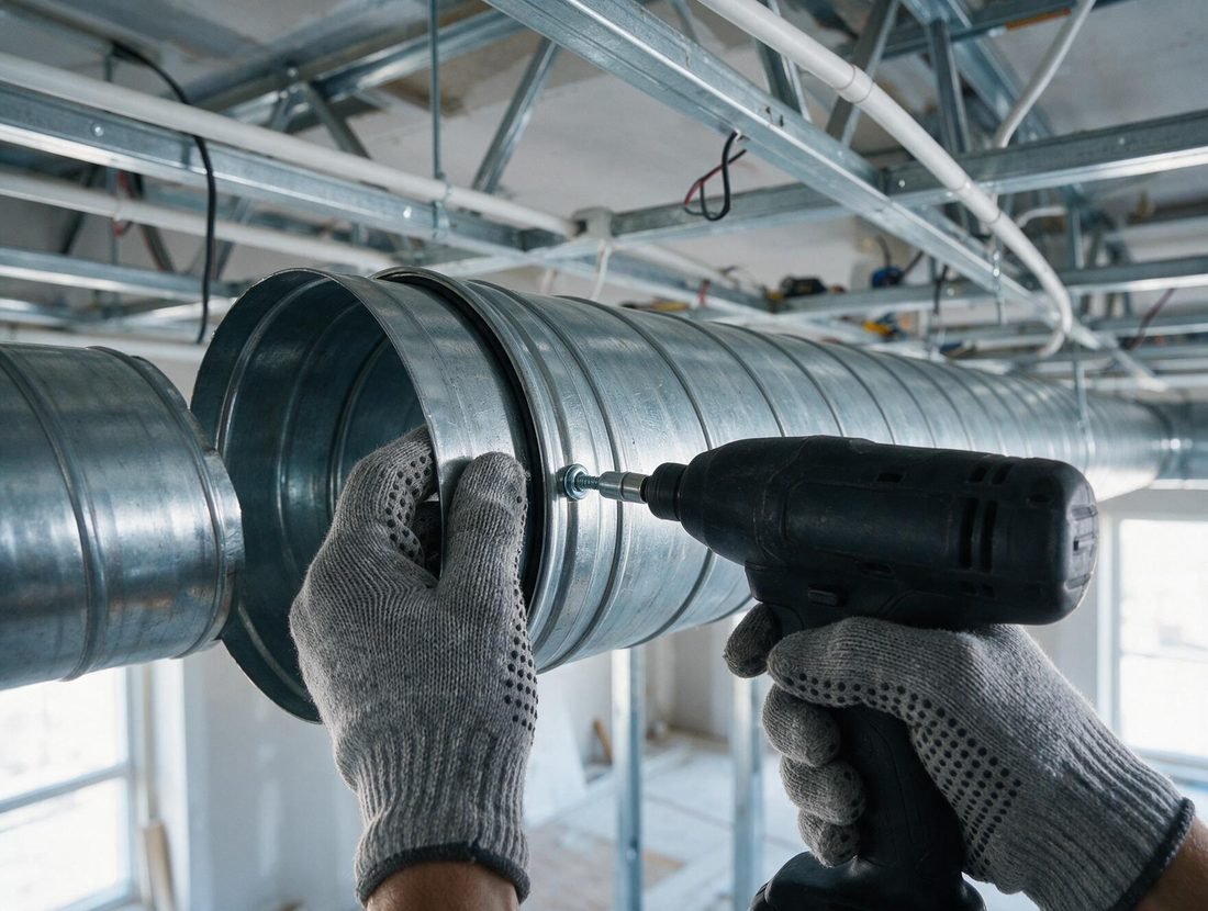 Gloved hands fastening a spiral duct joint