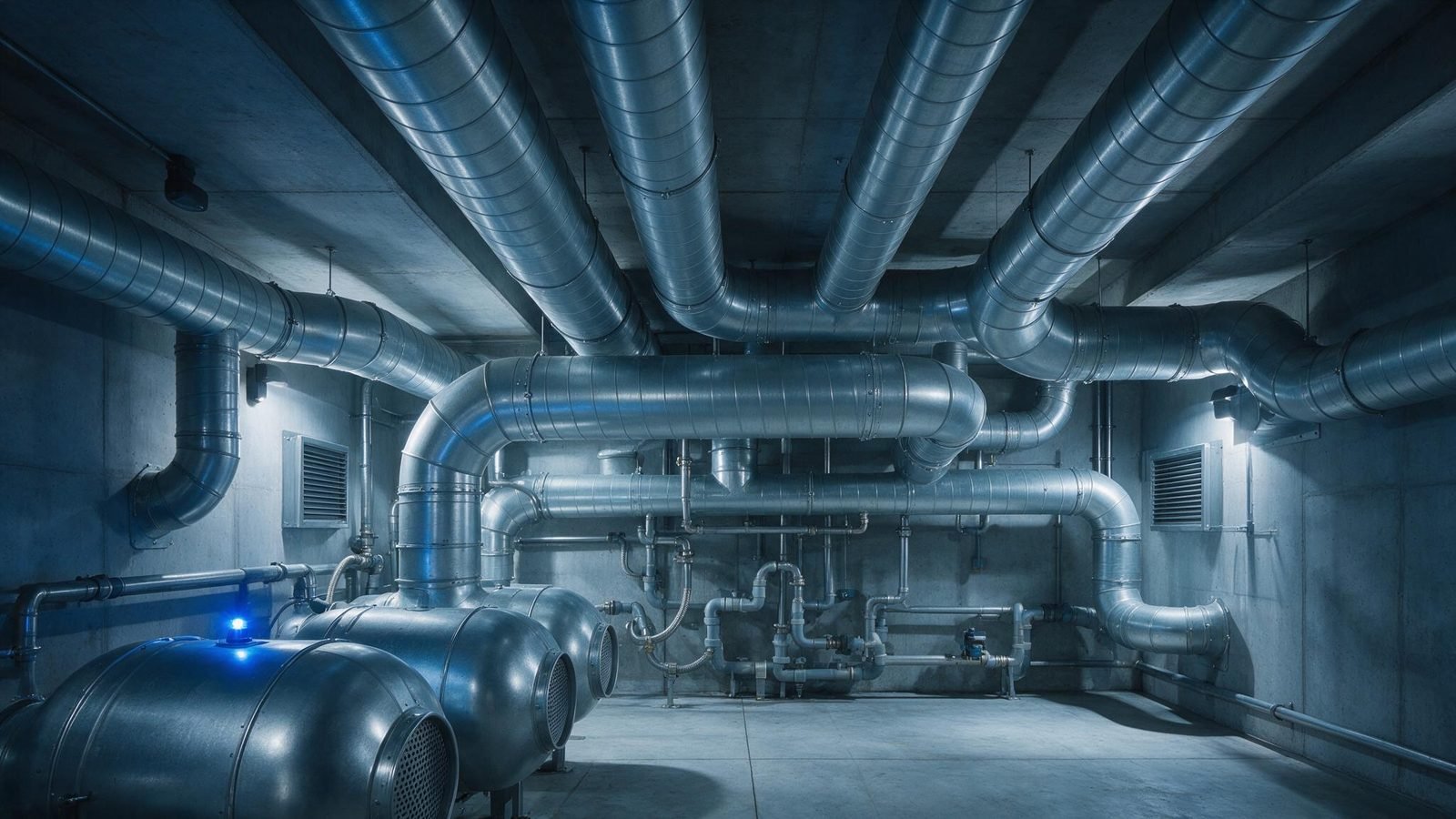 Air handling units and ductwork in a plant room