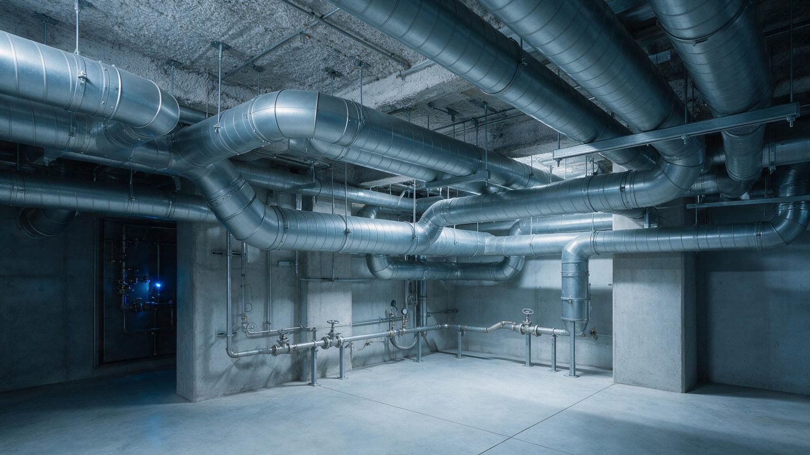 Galvanised spiral ductwork running through a plant room