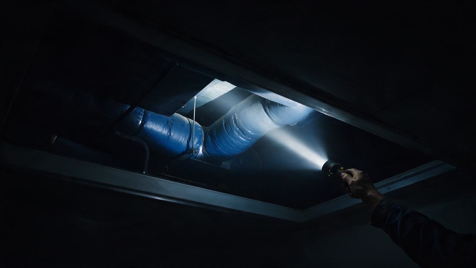 A torch beam inspecting insulated ductwork in a dark ceiling void